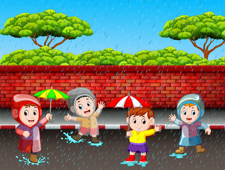 Many children running in the rainのイラスト素材