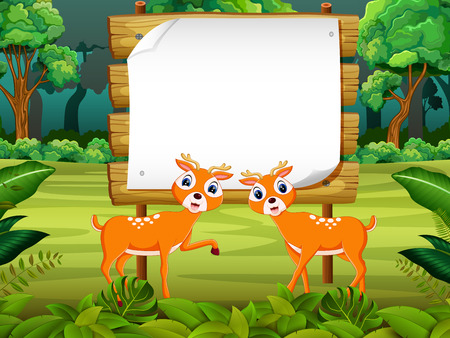 the wooden board blank space with two cute dear with forest backgroundのイラスト素材