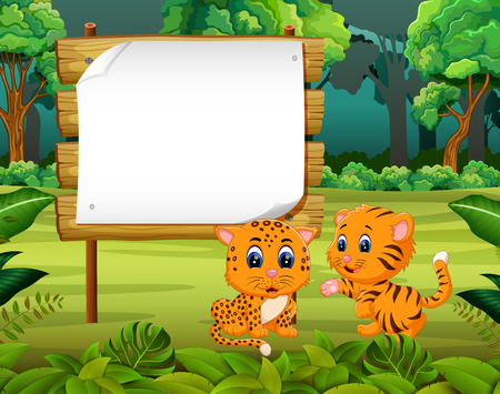 the beautiful nature view with the wooden board blank space and two cute tigerのイラスト素材
