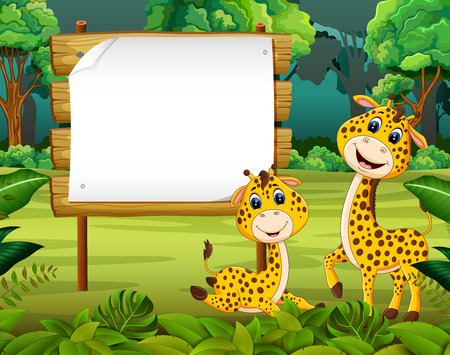 the nature view with the wooden board blank space and cute baby giraffeのイラスト素材