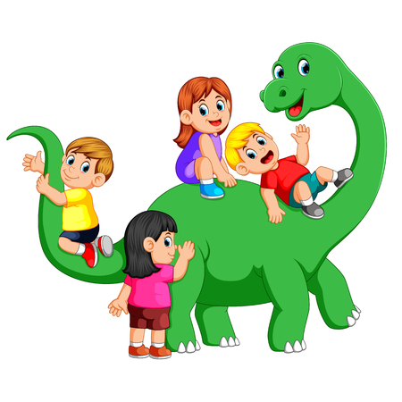 the children playing on the apatosaurus body and get into it with their friend with the big green dinosaurのイラスト素材
