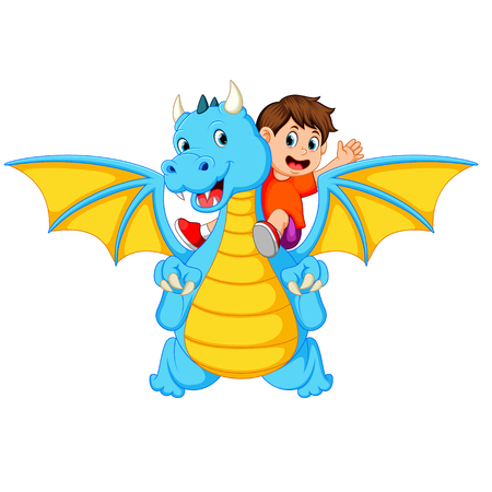the boy playing with the big blue dragon and it can produce the fireのイラスト素材