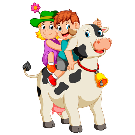 the children get into the cow and ride it when the boy hold the hornのイラスト素材
