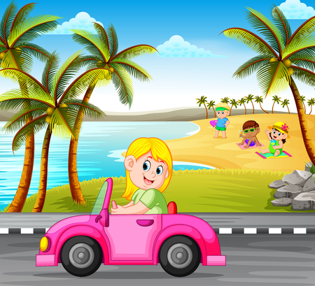 the woman drives the pink car on the street with the beautiful beach backgroundのイラスト素材