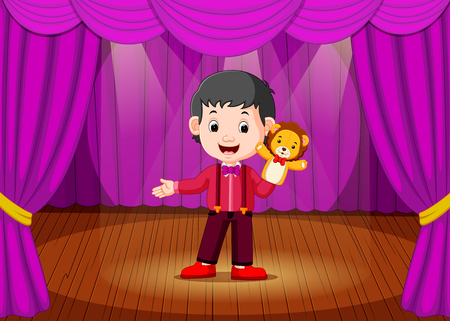 a boy playing puppet in the stageのイラスト素材