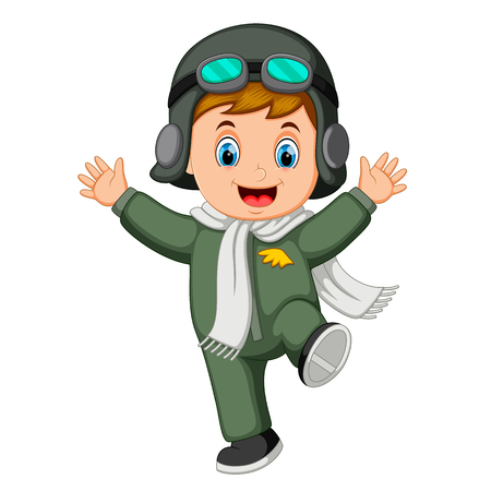 happy boy wearing pilot costume and jumpのイラスト素材