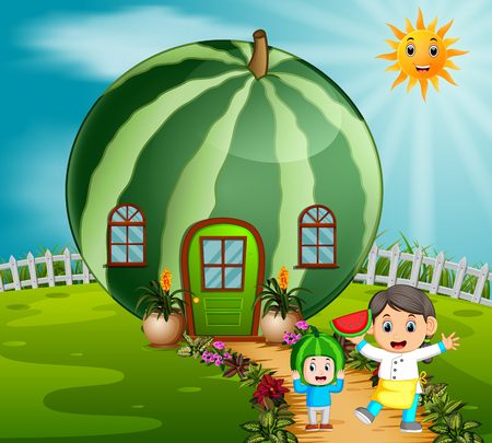 female chef holding watermelon with a boy wearing watermelon costumeのイラスト素材