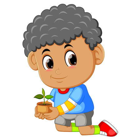 A boy carrying seeding for planting in soilのイラスト素材