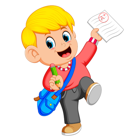 A boy showing great exam result with A plus markのイラスト素材