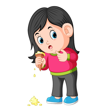 young girl feeling unhappy with ice cream fallのイラスト素材