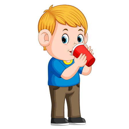 young boy drinking with paper cupのイラスト素材