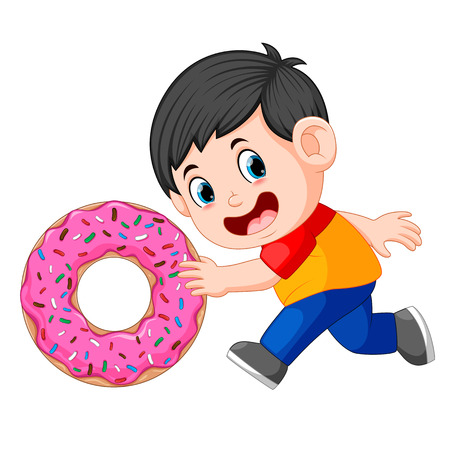 A boy pushing big donutのイラスト素材