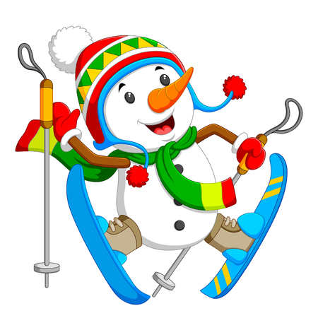 a happy snowman is jumping and playing with blue ice skatingのイラスト素材