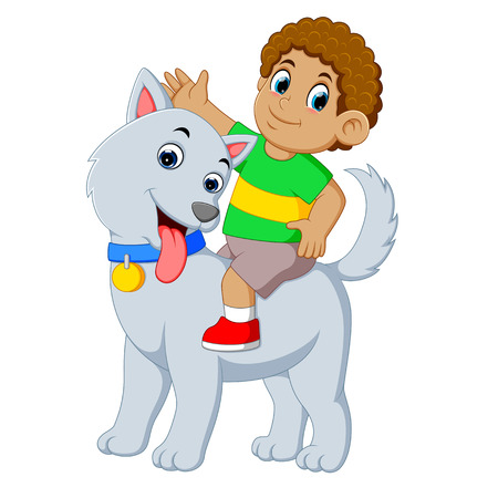 a litte boy is on the big grey dog for playingのイラスト素材