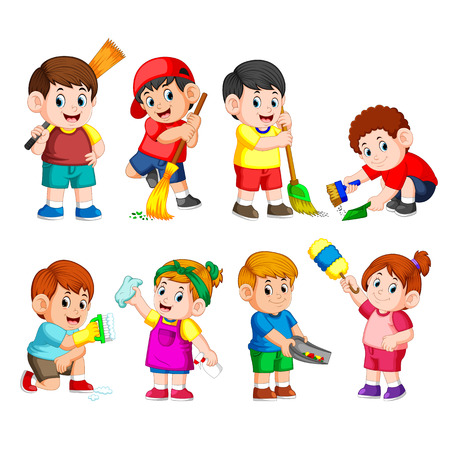 a group of children holding the cleaning tools to clean somethingの写真素材