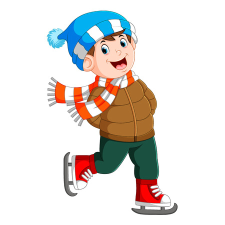 a boy is using the brown jacket and red shoes for a winter seasonの写真素材