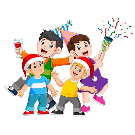 a happy family is celebrating christmas with making a partyの写真素材