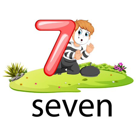 little pantomime boy act with the 7 balloon number and textのイラスト素材