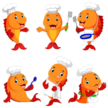 collection of cute fish chef cartoonのイラスト素材
