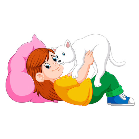 Little girl relaxing on the bed with her kittenのイラスト素材