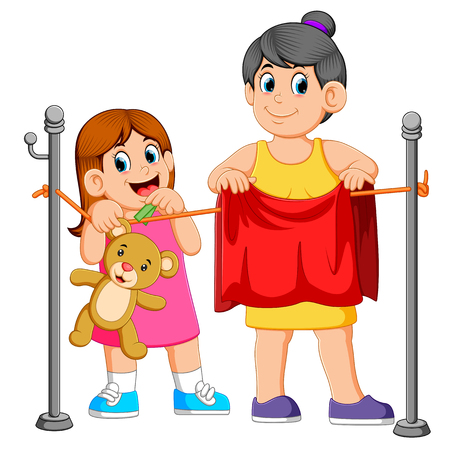 Little girl helping hang laundry her motherのイラスト素材