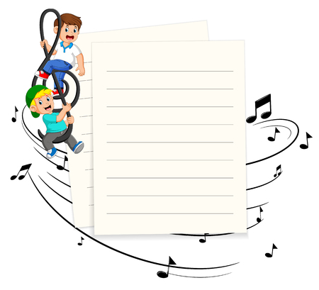 Happy Two boys riding music notes with paper blank backgroundのイラスト素材