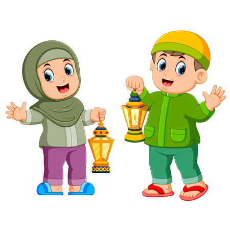 Moslem kids holding lanternのイラスト素材