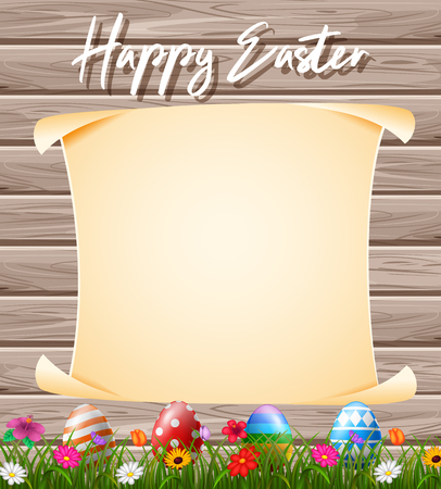 Blank sign in the grass field with decorated Easter eggsのイラスト素材
