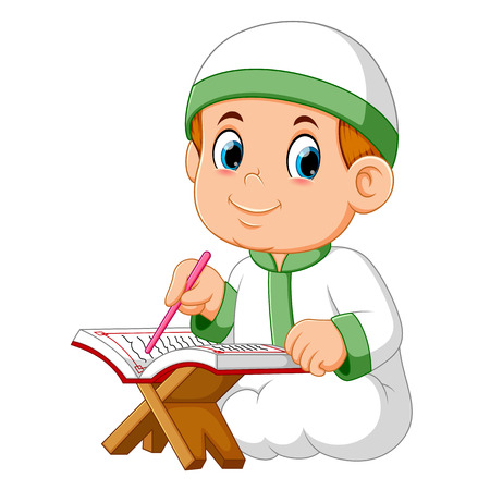 the boy is sitting and reading al quranのイラスト素材