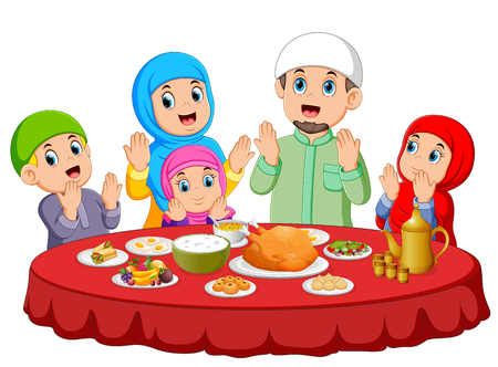 A happy family are praying for eat the food on the ied mubarakのイラスト素材