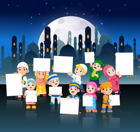 the children are holding their blank banner in night cityのイラスト素材