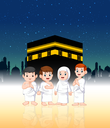 two children with their parents are doing pilgrimage in front of ka'bahのイラスト素材
