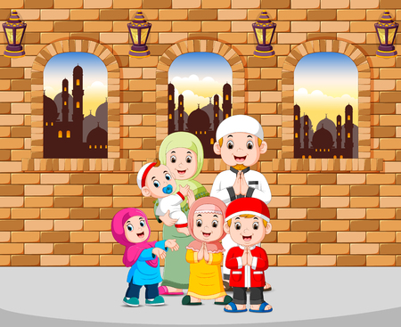 the family give the greeting of ied mubarak in their houseのイラスト素材