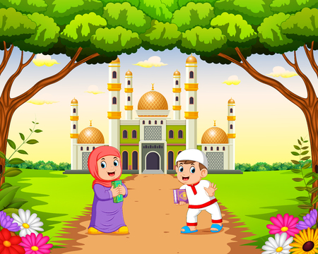 the children are walking and playing near the beautiful mosqueのイラスト素材