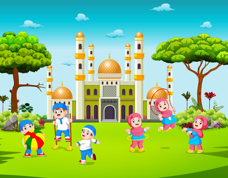 the children are playing in the yard near the mosqueのイラスト素材