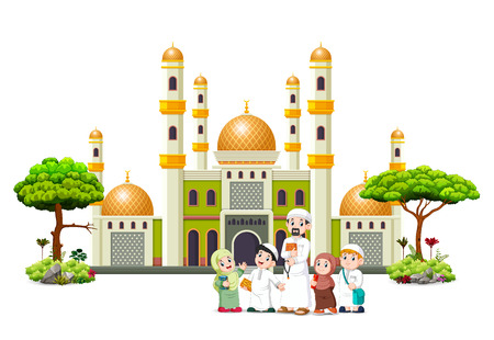 the children with their father are posing in front of the green mosqueのイラスト素材