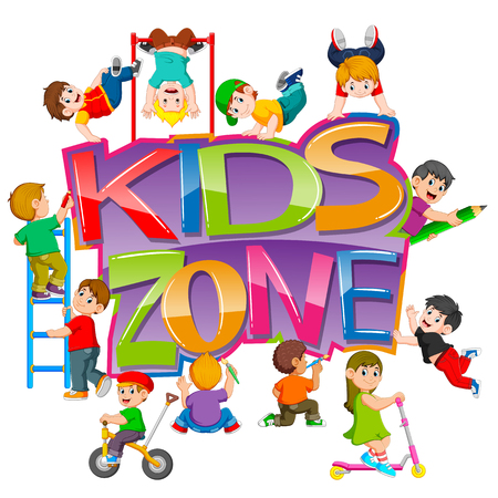the kids zone text with the children playing around itのイラスト素材