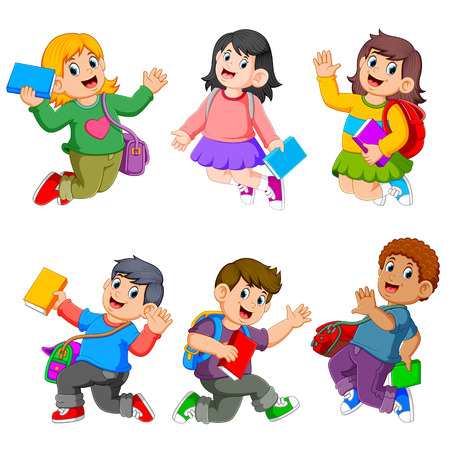 the collection of the girls and bots study with the different posingの写真素材