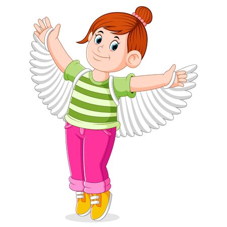 the girl is trying the fake wings for prepare the danceのイラスト素材