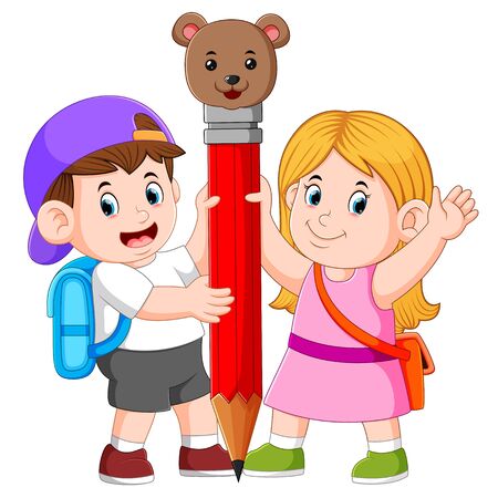 the boy and the girl is holding the big pencilのイラスト素材