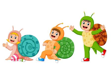 the collection of the children wearing snail costumeのイラスト素材
