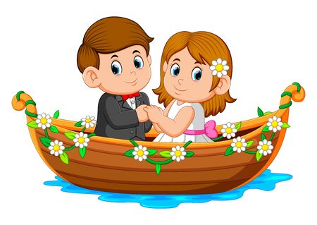 the couple are posing on the beautiful boat with the flowers around itのイラスト素材