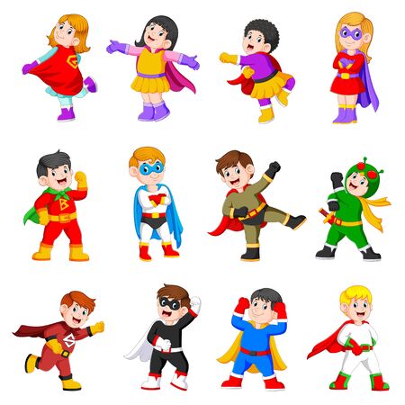 the collection of the children are using the superheroes costumeのイラスト素材