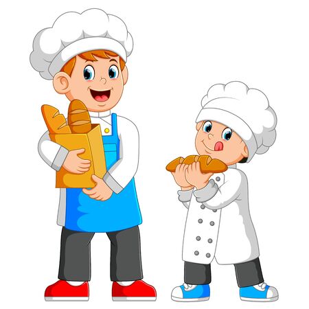 the chef are holding a bag of bread with the boy beside himのイラスト素材