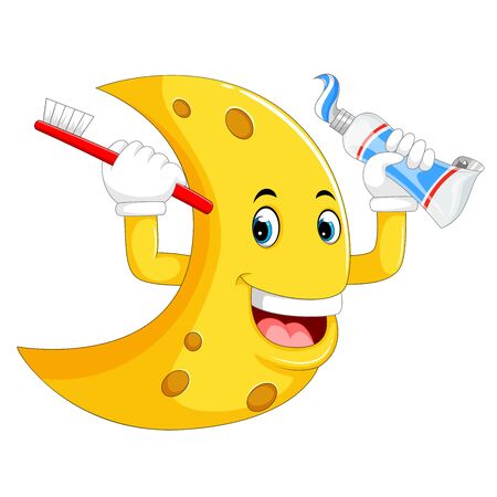 yellow moon character holding the toothbrush and toothpasteのイラスト素材
