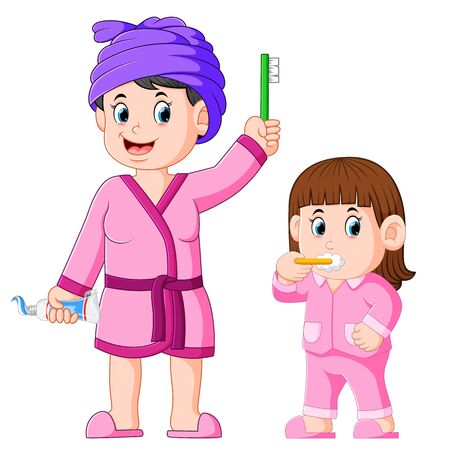 the girl is brushing her teeth with her mother beside herのイラスト素材