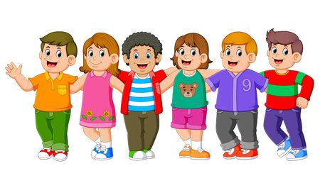 the children are standing and posing with their friends togetherの写真素材