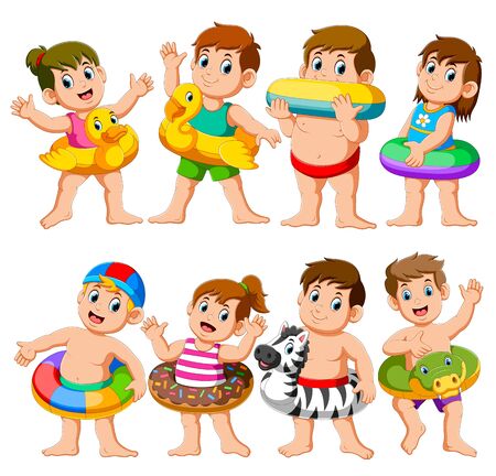Happy Relax Holiday Children Swimming Pool Party using inflatable floats of illustrationのイラスト素材