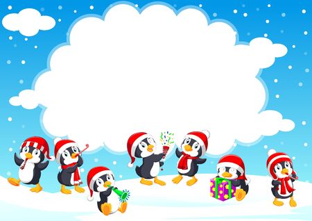 Funny little penguin in a red knitted Nordic hat in winter season of illustrationのイラスト素材