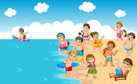 Kids Playing At Beach and Sea of illustrationのイラスト素材